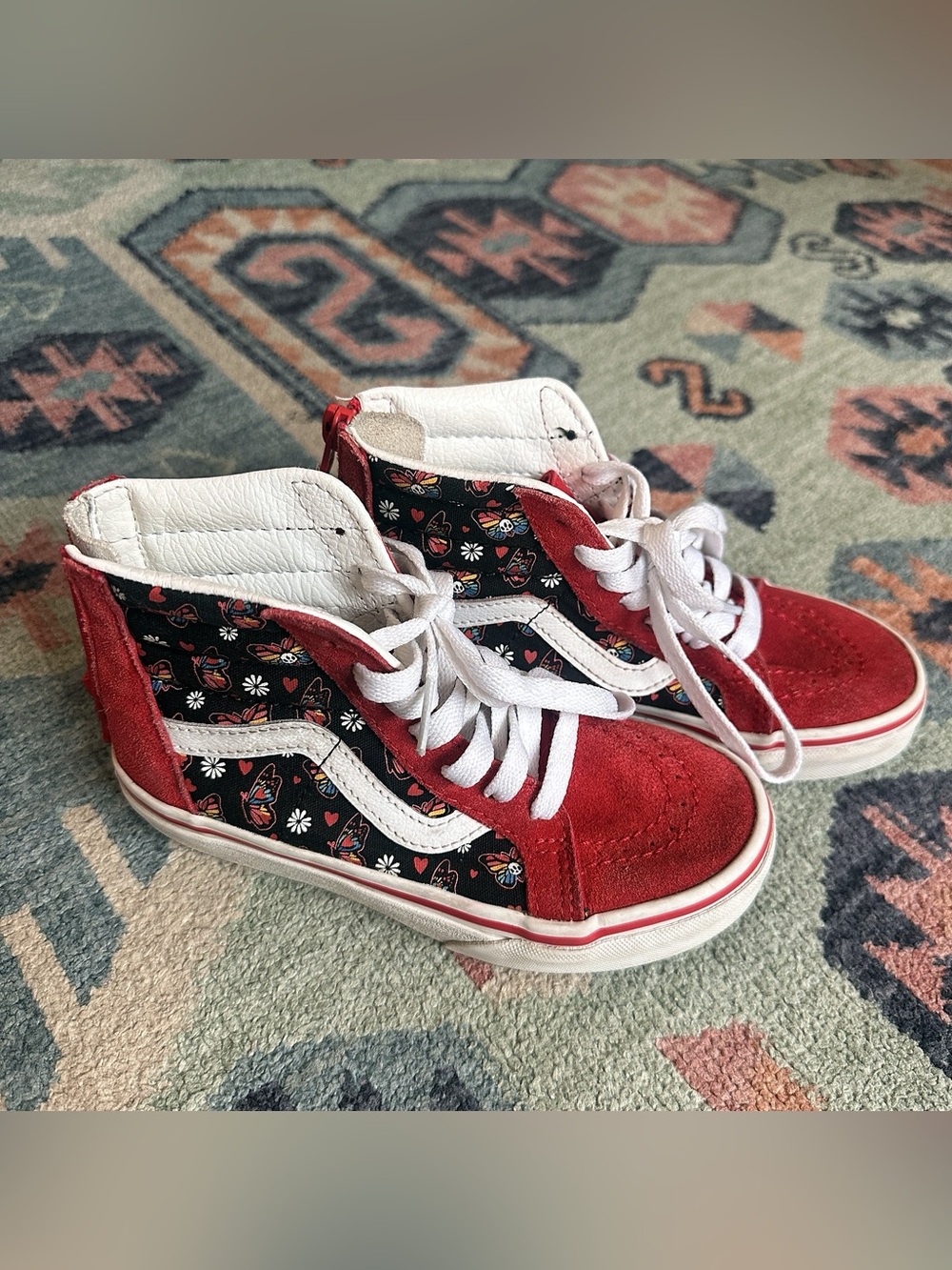 Vans Sk8-Hi Zip Red Butterfly Skull Glow Kids High Top Sneakers 12.5